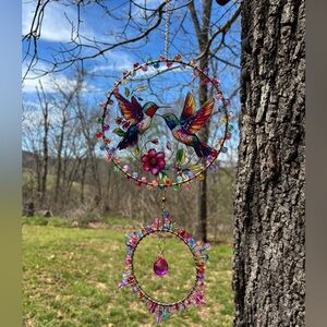 Hand Crafted Multicolor Hummingbird Glass Wall Hanging